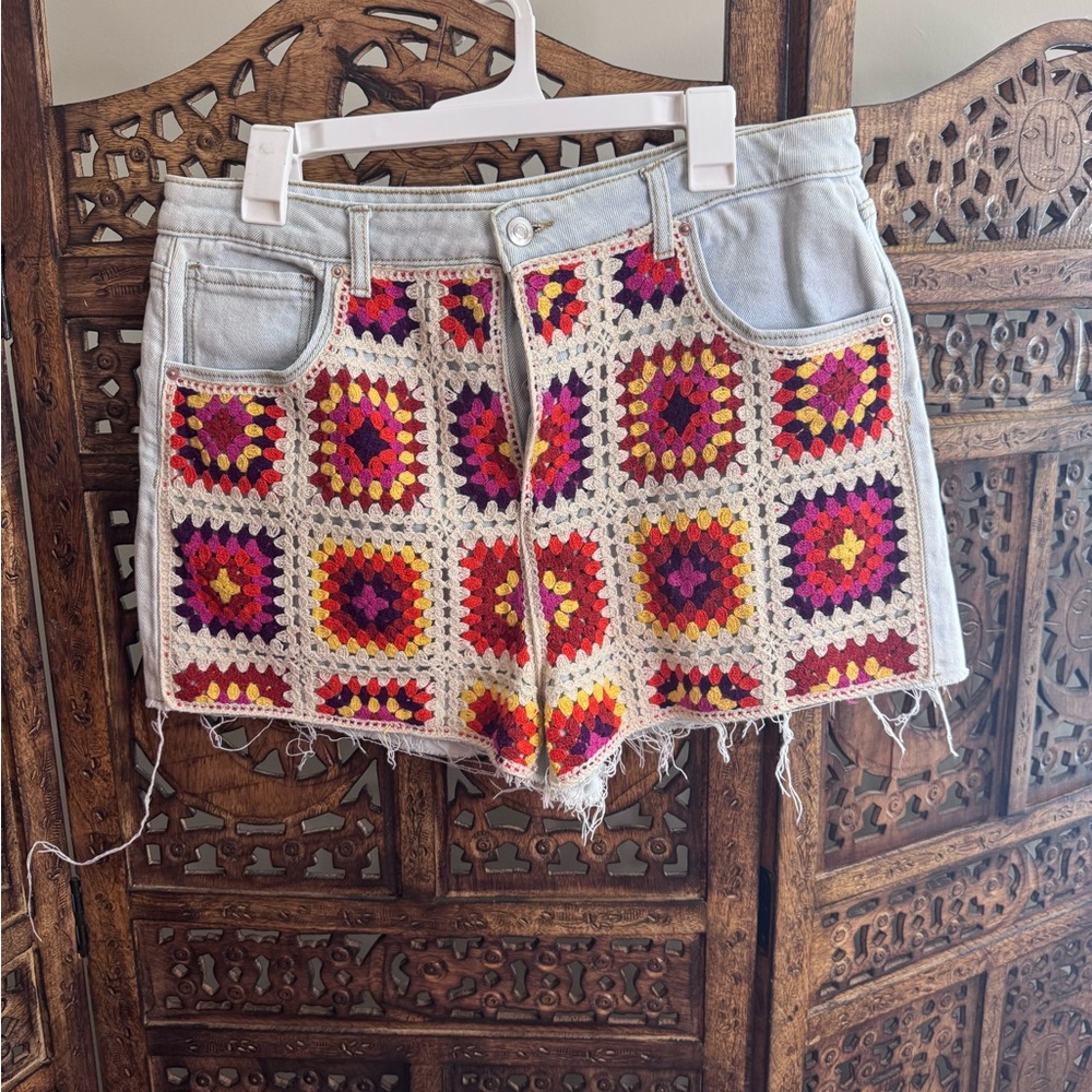 SO Red and Pink Jean Shorts with Crochet Accents